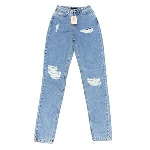 NWT Missguided High Rise Distressed Mom Jeans Size 4 Tall Light Wash Womens